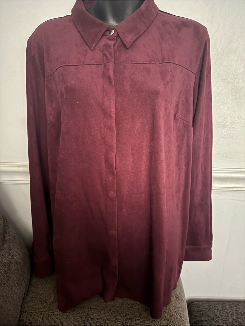 Coldwater Creek Burgundy Long-Sleeve Blouse faux suede
